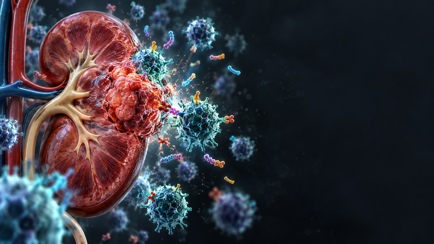 Scientific illustration of kidney cancer cells and an immune response